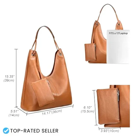 Genuine Leather Hobo Handbag with Coin Pouch Elegant Sophisticated Shoulder Bag